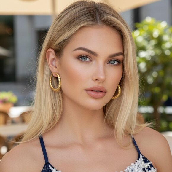 Vintage Jewelry - 14kt YELLOW GOLD Puffy Hoop Earrings 1.75" Etched Hollow Hoops 2.4g VINTAGE Y2K